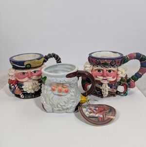 Vintage Festive Santa and Nutcracker Mugs Set Of Three Christmas Holiday
